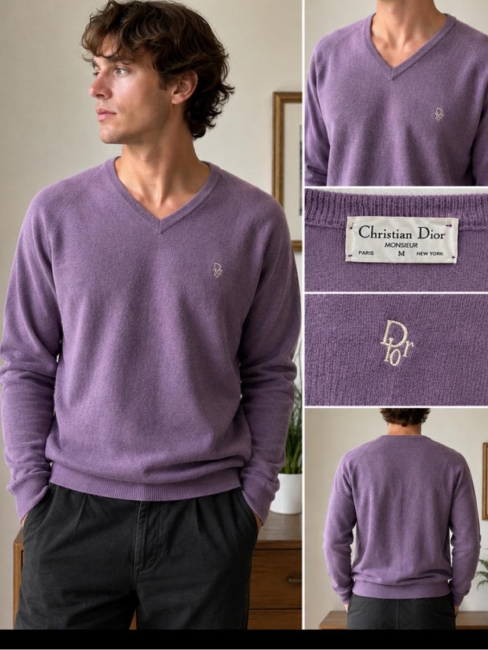 Vintage Christian Dior Monsieur Purple V-Neck Sweater – Men’s Medium – Made in U